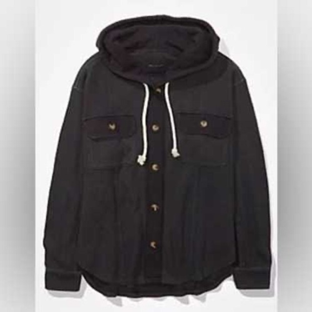 American Eagle Women Waffle Knit Hooded Shacket Dark Gray Button Front Large